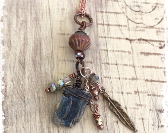 Feather and rustic gemstone pendant for layering