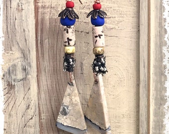 Gemstone triangle earrings, assemblage earrings, one of a kind statement earrings,