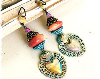 Boho folk art milagro earrings with coral and Czech glass, handpainted sacred heart, assemblage jewelry, mixed media earrings,