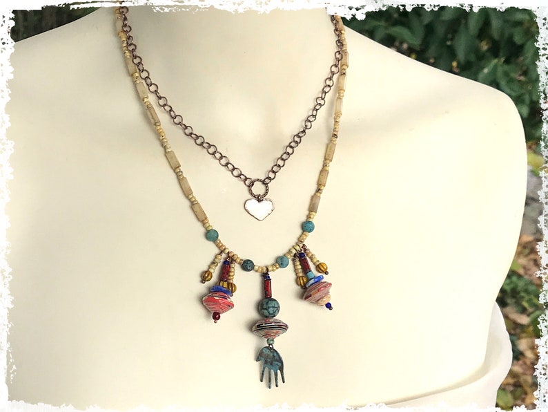 Love Necklace Valentine's Day Heart and Hamsa necklace with pendants, 2 strands with unusual and very pretty charms image 1