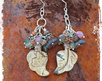 Leaf earrings, cluster earrings, rustic bohemian statement earrings, gift for her