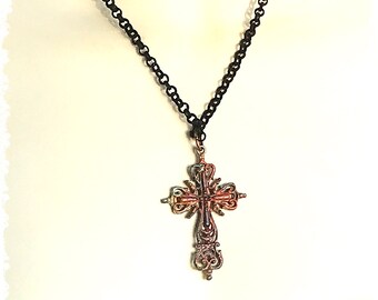 Bold hand painted cross pendant, unisex necklace, cross with patina black chain necklace