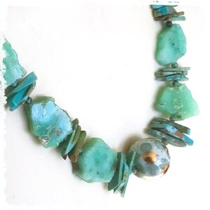 Chrysoprase and turquoise statement necklace, rustic raw stone necklace, image 2