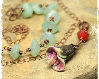 Handmade clay flower pendant on green gemstone multistrand necklace, OOAK artisan gift for her