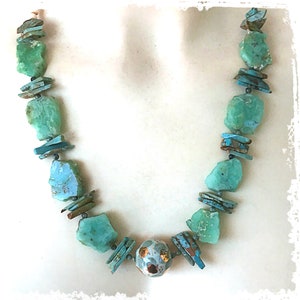 Chrysoprase and turquoise statement necklace, rustic raw stone necklace, image 3