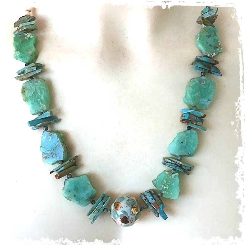 Chrysoprase and turquoise statement necklace, rustic raw stone necklace, image 3