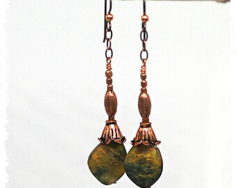 Everyday copper drop earrings, matte pietersite gemstone dangle earrings, classic earrings, neutral colors,