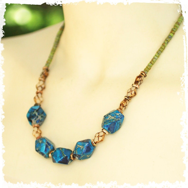 Blue impression jasper nugget necklace, adjustable short boho stone necklace, gift for her, southwestern style, adjustable necklace image 1