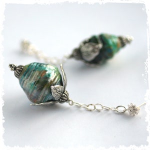 Elegant Victorian leaf earrings, Mothers Day Gift, pearlized green earrings, romantic chain drop earrings, Wedding Jewelry image 1