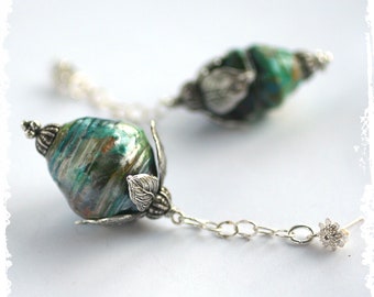 Elegant Victorian leaf earrings, Mothers Day Gift, pearlized green earrings, romantic chain drop earrings,  Wedding Jewelry