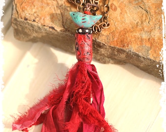Handgemaakte vogel hanger ketting met sari zijde kwast ambachtelijke geschenk voor vriendin, hippie zigeuner ketting cadeau voor vrouwen