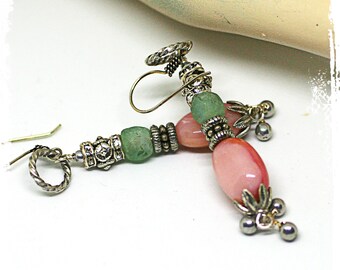Pink Opal Earring, Long Victorian Earrings for Women, Boho Earrings, Long Gemstone Earrings, African glass