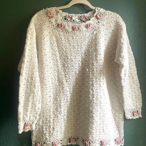 Vintage Hand crocheted cotton and Ramie sweater with roses size medium