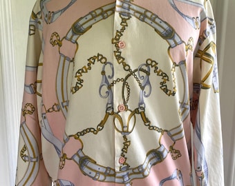 80’s Equestrian Scarve Shirt in Pink and Purple / button front shirt