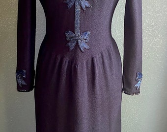 Vintage Adolfo Saks Fifth Avenue / Beaded Bow Appliqué / Evening Dress / Cocktail/ Formal, Party Dress / Designer Dress / Prom Dress