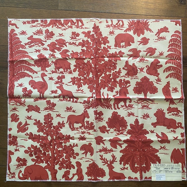 Vintage Travers Garden of Eden Red  / Beige Fabric sample from England 100% cotton