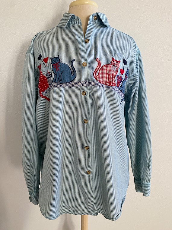 Vintage 90's Casey Max Denim shirt with Cats Size… - image 2