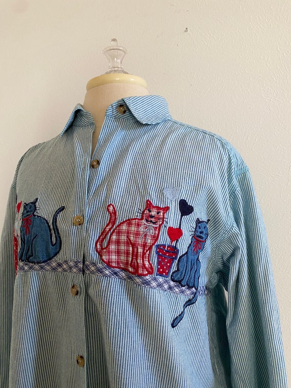 Vintage 90's Casey Max Denim shirt with Cats Size… - image 1