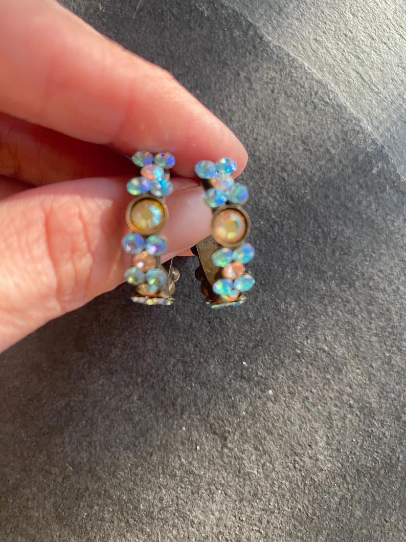 90s SORRELLI Rhinestone Hoop Earrings / Colorful Blue and Pink / Small