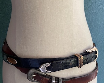Vintage Set of Two Belts Black with silver hardware and Brown with silver hardware size medium made in USA
