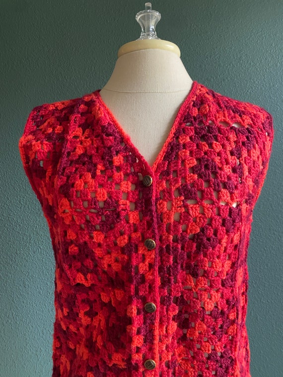 Vintage Crochet Vest Red and Pink Woven Vest Gran… - image 1