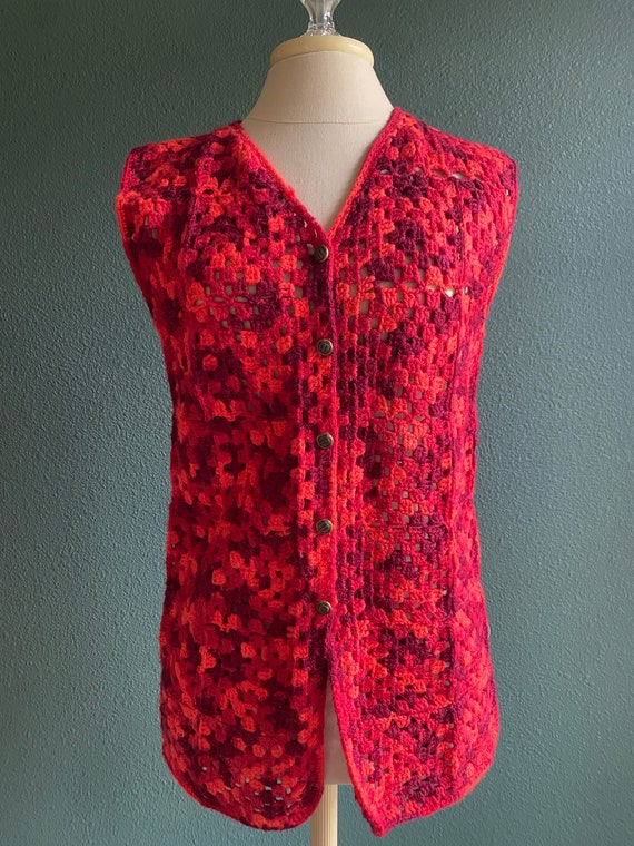 Vintage Crochet Vest Red and Pink Woven Vest Gran… - image 6