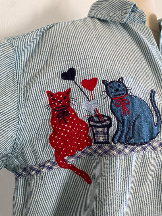 Vintage 90's Casey Max Denim shirt with Cats Size… - image 7