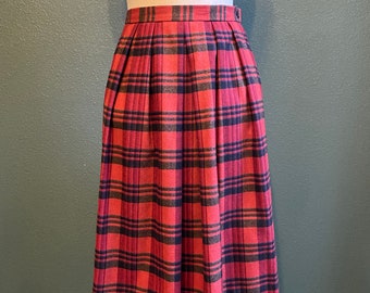 Vintage Pleated plaid wool blend skirt • retro skirt • midi skirt • red plaid • fall skirt • holiday