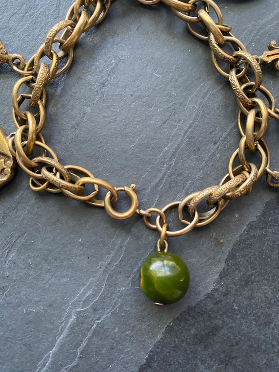 Vintage Chunky Charm Bracelet with Green Beads an… - image 5