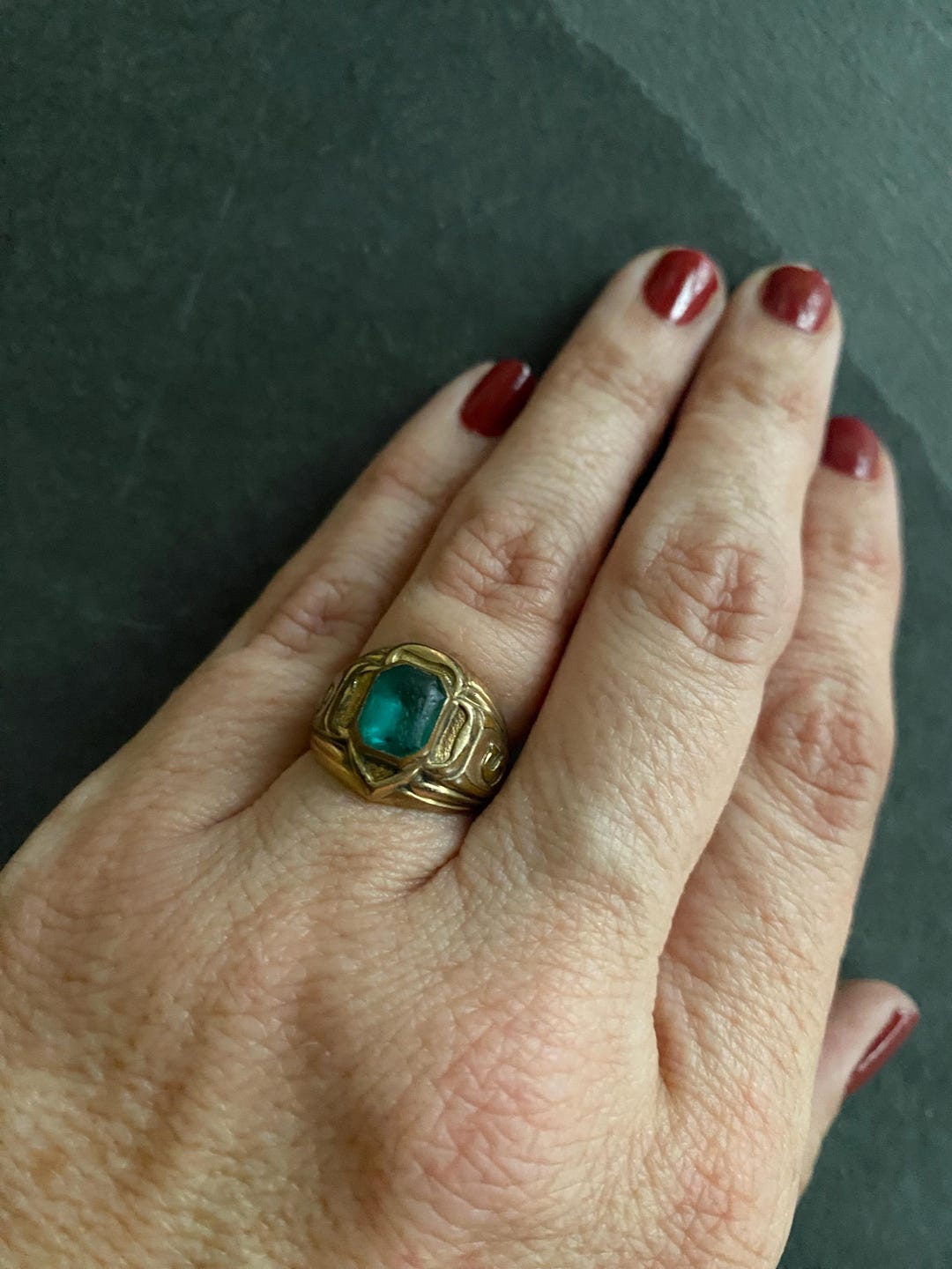 1950's Girl Scout Ring 14k Gold Filled With Green Emerald Stone