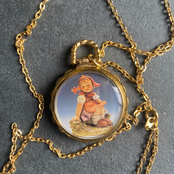 Vintage M J Hummel Pig Tail Girl Pocket Watch Necklace