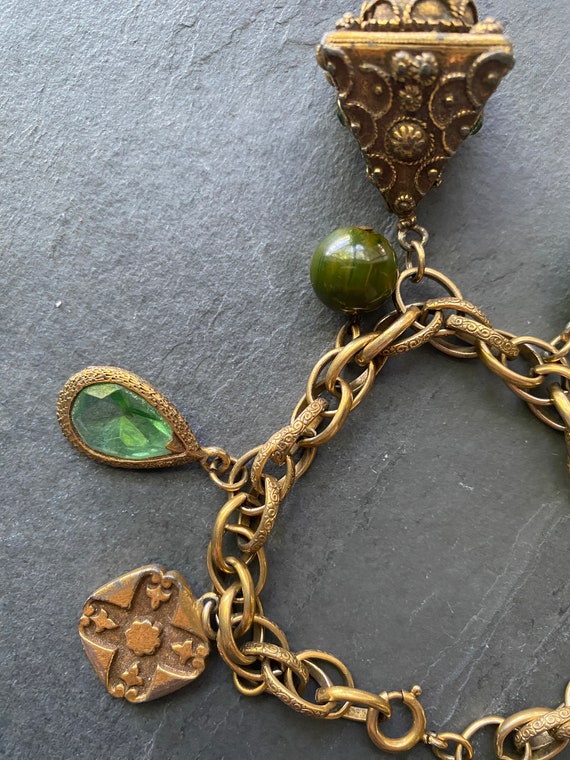 Vintage Chunky Charm Bracelet with Green Beads an… - image 2