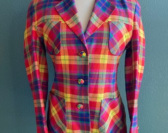 ESACDA Vintage Linen 90&#39;s blazer / Plaid Blazer / colorful blazer