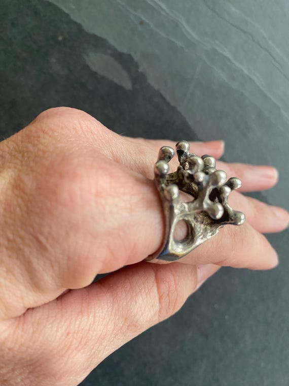 Large 70’s solid silver organic silver ring / sta… - image 4