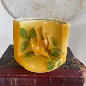 May include: A yellow ceramic planter with a bird and leaf design. The planter has a curved shape and is decorated with a raised bird and green leaves. The planter is sitting on top of two antique books.