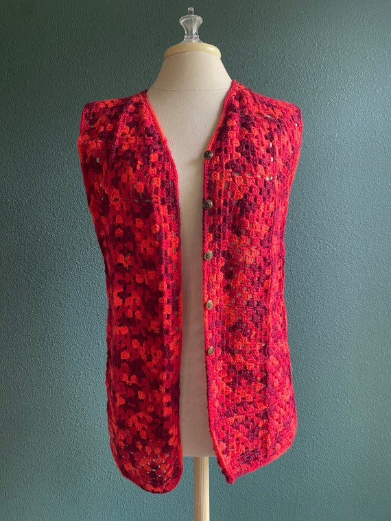 Vintage Crochet Vest Red and Pink Woven Vest Gran… - image 2