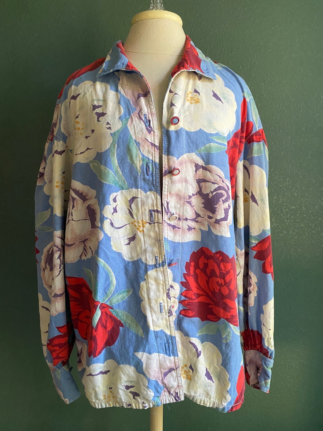 Vintage BIS Gene Ewing Denim Roses Button up Shirt / Oversized - Etsy