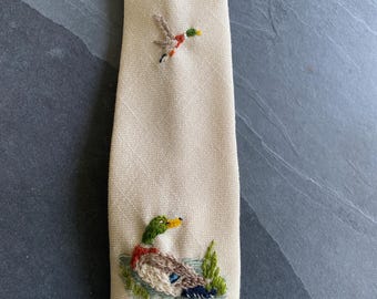 70’s Hand Embroidered Duck Neck Tie made by Yvonne Sutherlin