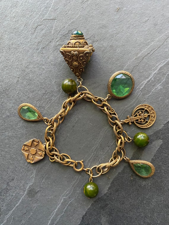 Vintage Chunky Charm Bracelet with Green Beads an… - image 1
