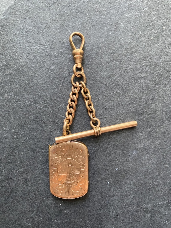 Antique Victorian Hand Embossed Locket and Watch T Bar / Bird Necklace / a lighthouse Necklace / Watch Chain with toggle