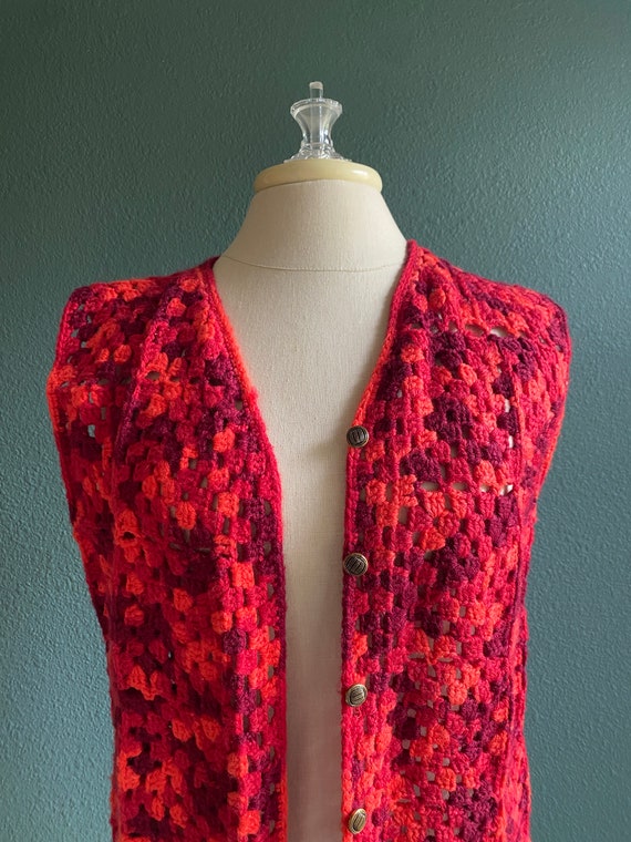 Vintage Crochet Vest Red and Pink Woven Vest Gran… - image 3