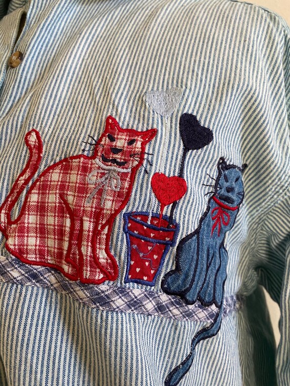 Vintage 90's Casey Max Denim shirt with Cats Size… - image 6