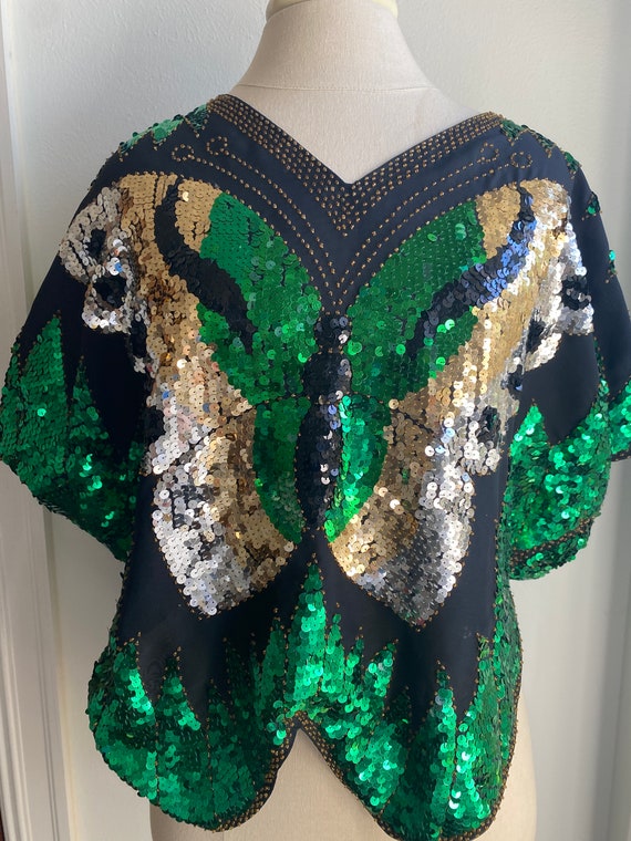 Vintage Butterfly Disco Sequin Green + Gold Vintag