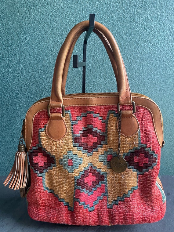 Kilim Hand Bag  with Leather Trim / 1990s Vintage 