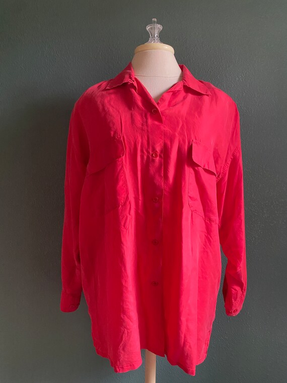 Oversized Vintage 100% Silk Solid Red Shirt Medium - image 1