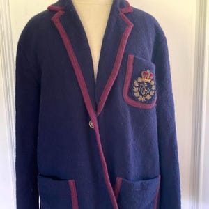 90s RALPH LAUREN 100% lambs wool navy and burgandy blazer logo