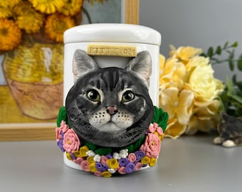 Personalized Cat Urn, Clay Portrait Pet Keepsake, Cat Loss Gift