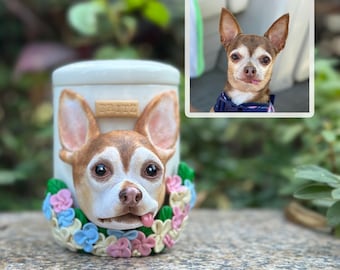 Custom Pet Urn, Ceramic Dog/Cat Ashes Urn with Clay Portrait