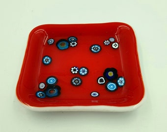 Red and white fusing glass bowl with flowers