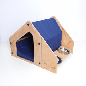 Modern Wooden Cat House with Elevated Feeder | Handmade Pet Bed with Food & Water Bowls | Minimalist Cat Furniture